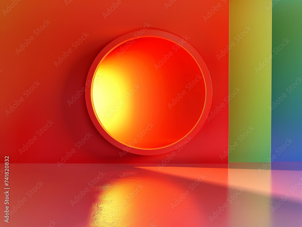 Poster a vivid abstract light installation with a circular form and a spectrum of colors.