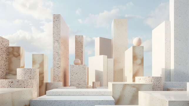 3d render of a minimalist geometric skyline against a terrazzo textured sky