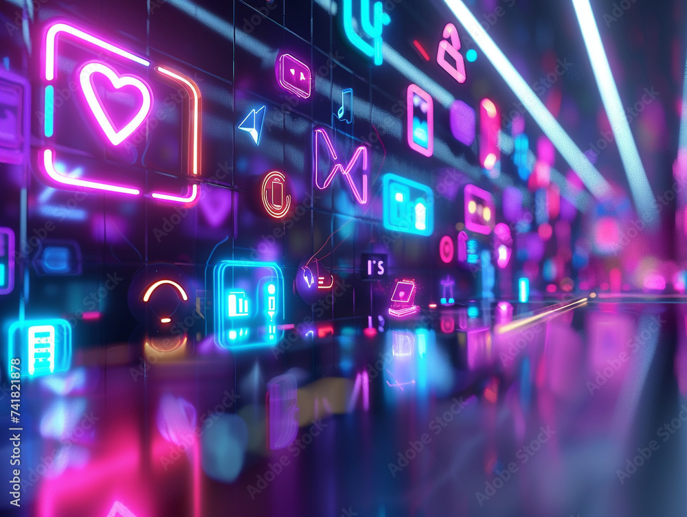 Poster 3d render of a neon lit cyberspace portal with floating icons