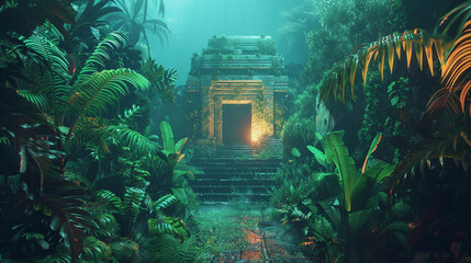 3d render of a neon infused jungle with a hidden temple
