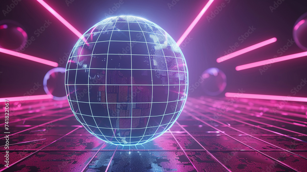Poster 3d render of a neon wireframe globe with digital continents