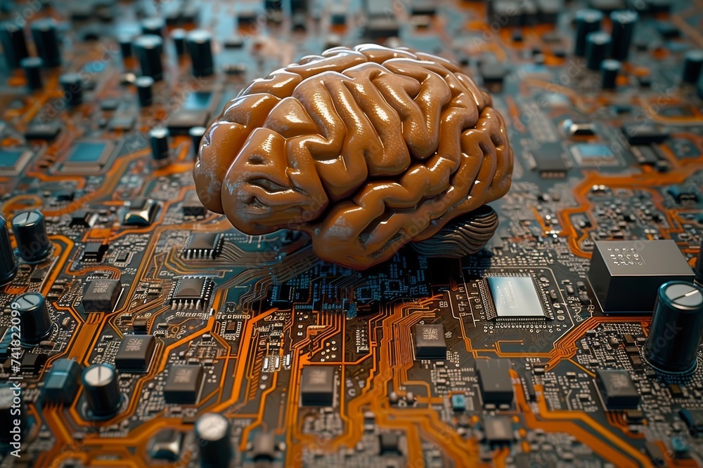 Poster ai brain chip fluid intelligence. artificial intelligence iconography mind neurotransmitter diseases