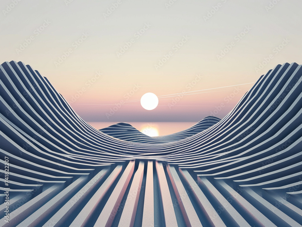 Poster 3d render of a series of bold geometric lines creating a minimalist horizon