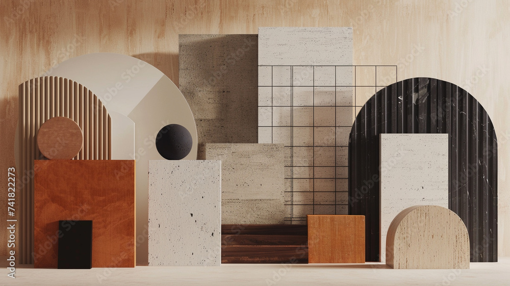 Poster 3d render of a series of minimalist geometric shapes in a bold abstract composition