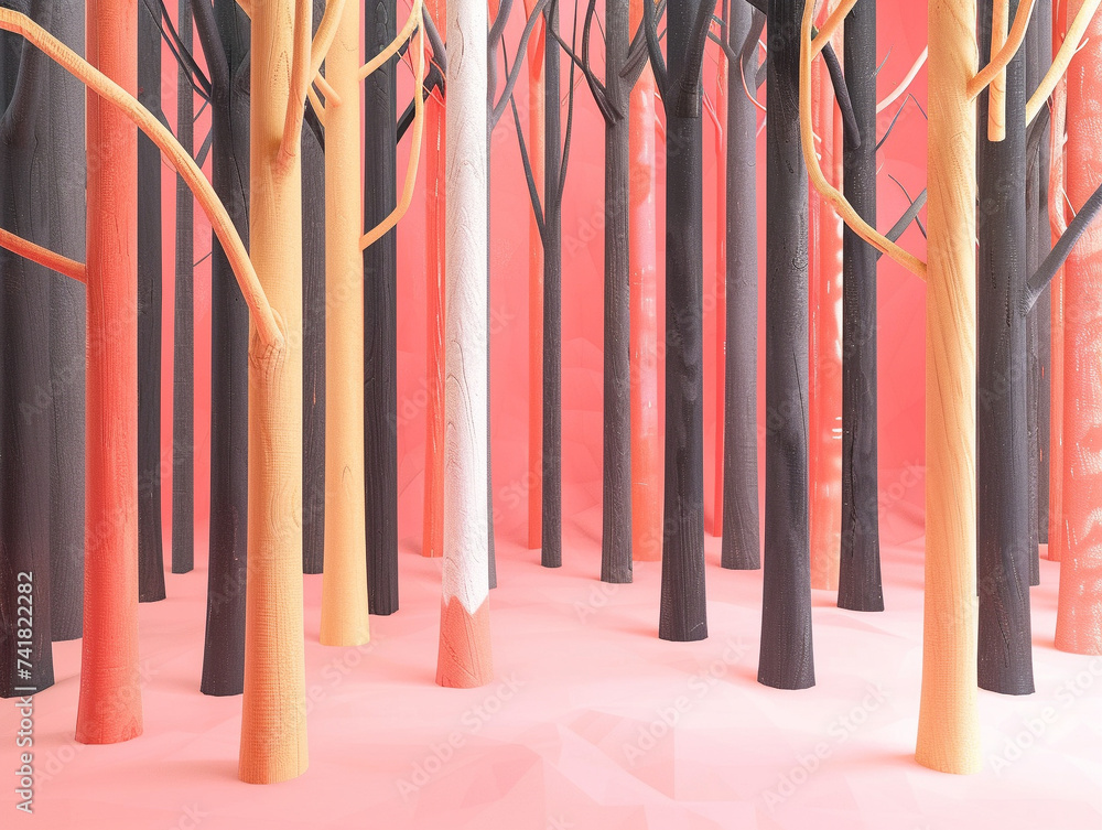 Aufkleber 3d render of a series of minimalist geometric trees in a bold abstract forest