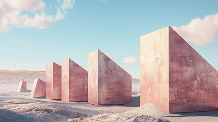 3d render of a series of monolithic geometric structures in a desert