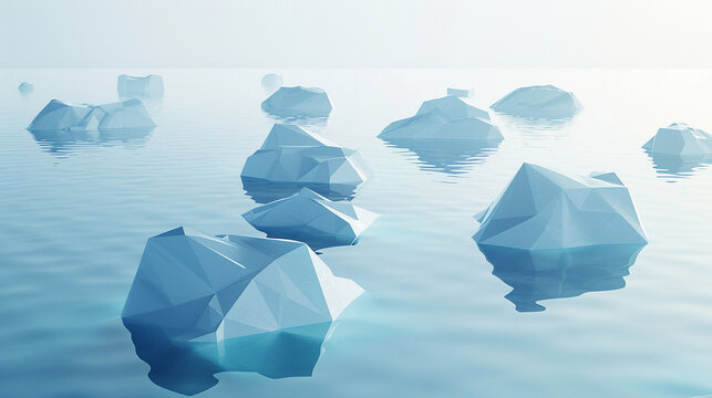 3d render of a series of flat geometric ice floes in a minimalist arctic sea