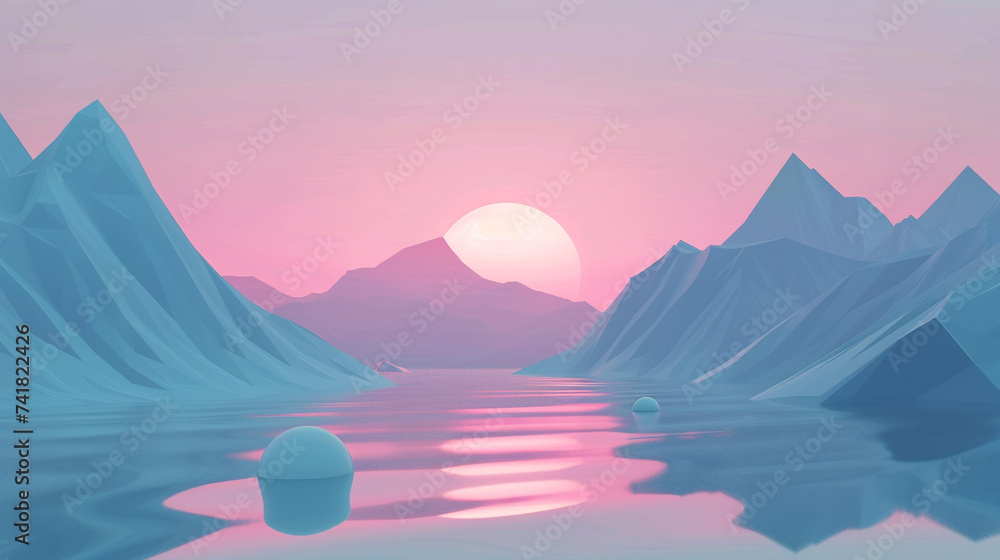 Poster 3d render of a simple geometric representation of a mountain lake at dawn