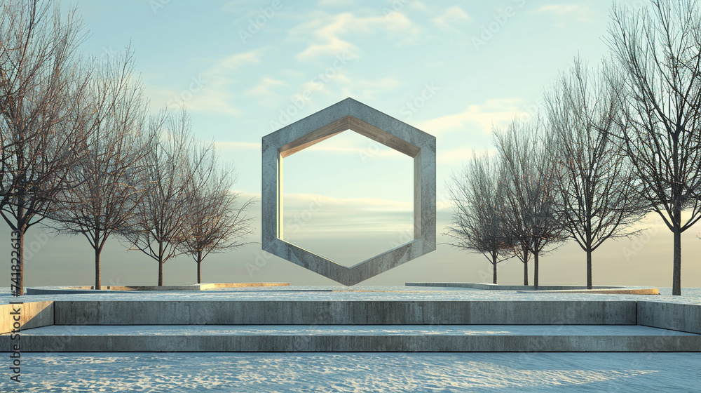 Poster 3d render of a solitary hexagonal pavilion in a sparse geometric park
