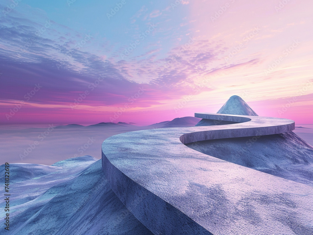 Poster 3d render of a smooth geometric plateau under a segmented gradient sky