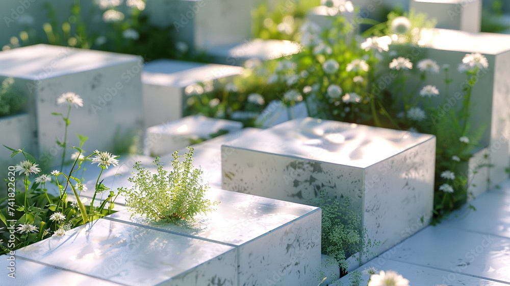 Poster 3d render of a sparse geometric garden with flora on cube blocks