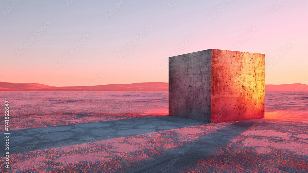 Poster 3d render of a single perfect cube casting a long shadow at dawn