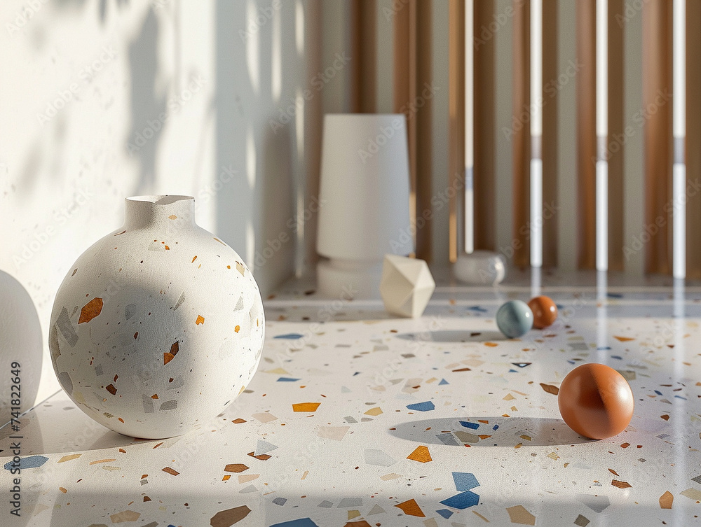 Poster 3d render of a simple terrazzo tabletop with geometric objects scattered