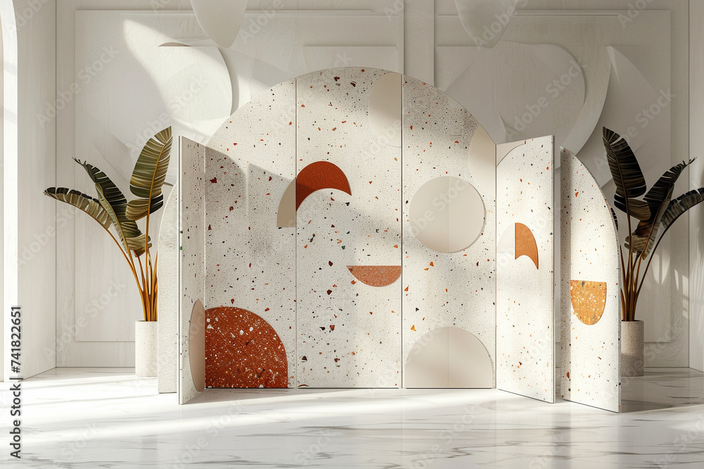 Poster 3d render of a sleek minimalist room divider with terrazzo and geometric patterns