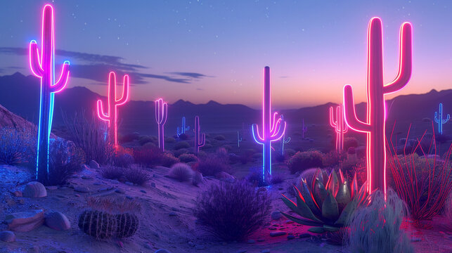 3d render of a surreal desert at night illuminated by neon cacti