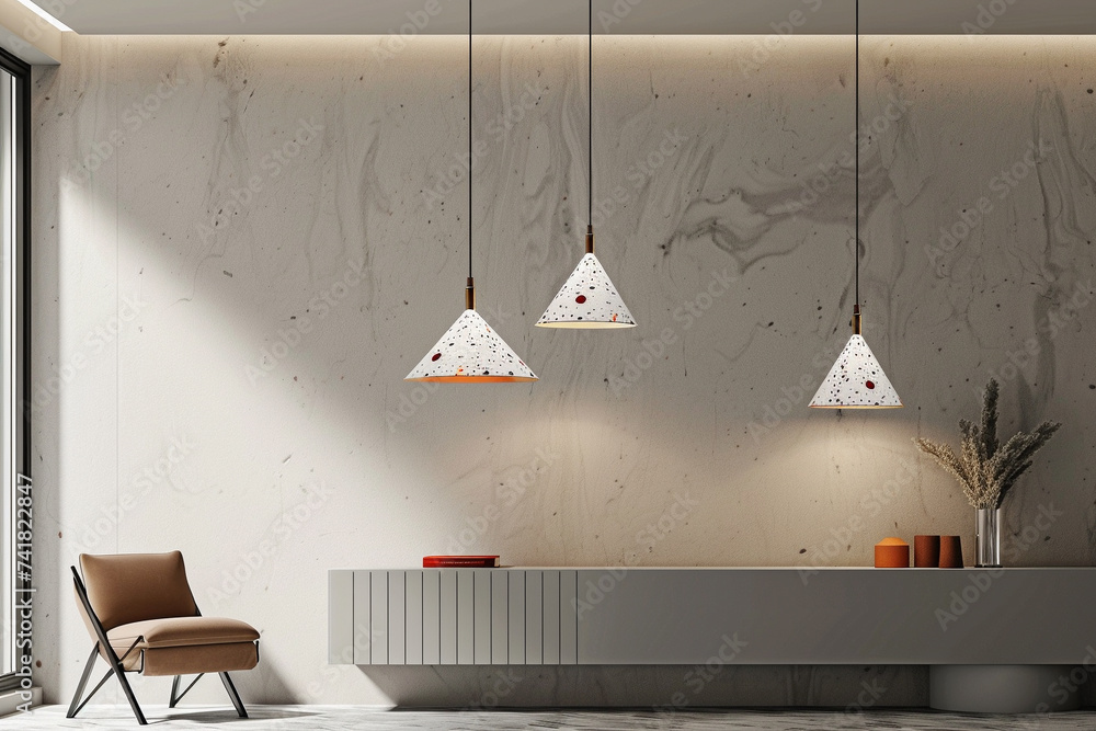 Poster 3d render of a terrazzo textured geometric pendant light in a sleek setting