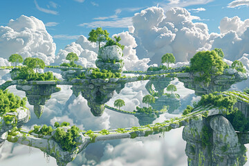 3d render of a vast abstract world of floating geometric islands and bridges