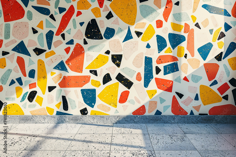 Poster 3d render of a vibrant terrazzo wall with abstract geometric patterns