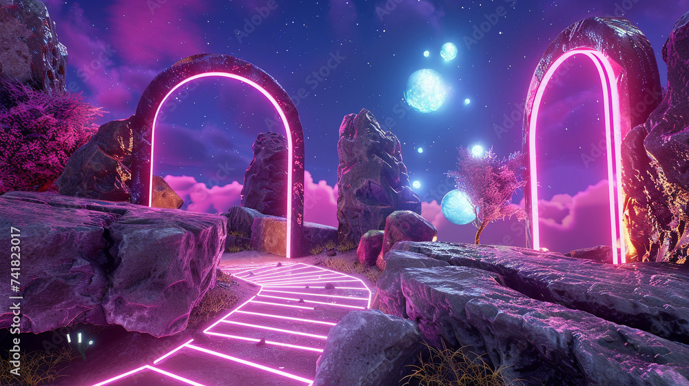 Poster 3d render of a virtual reality landscape with neon pathways and portals