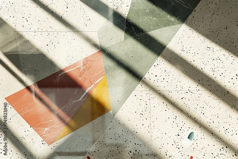 Poster 3d render of abstract geometric shapes casting shadows on terrazzo flooring