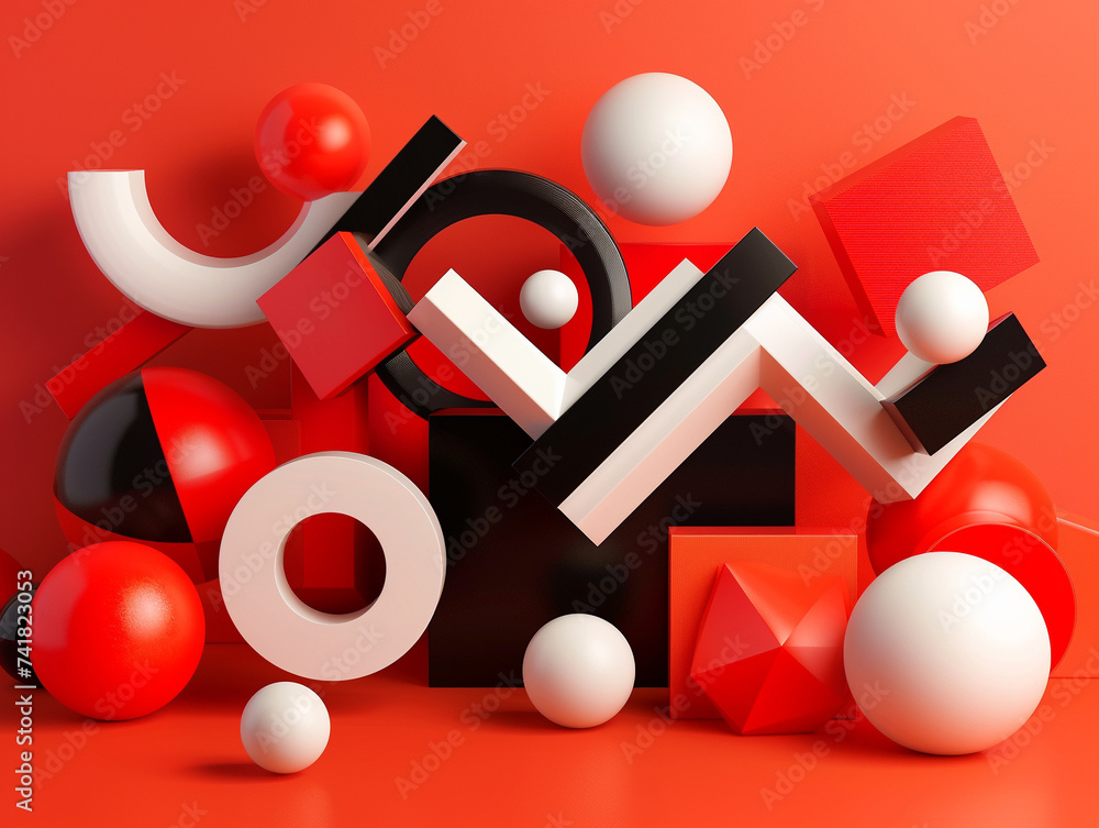 Poster 3d render of abstract geometric shapes in a minimalist dynamic arrangement