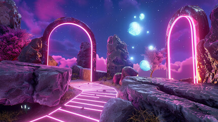 3d render of a virtual reality landscape with neon pathways and portals
