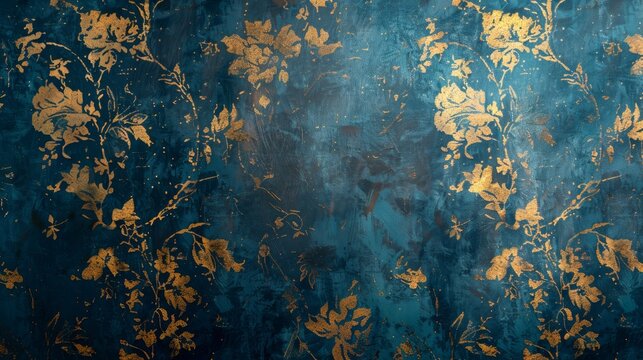 blue and gold wallpaper adorning the wall of a restaurant