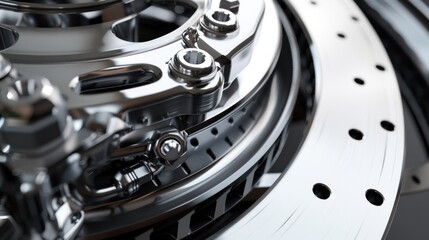 A detailed view of a brake disk and the intricate components of a wheel hub - obrazy, fototapety, plakaty