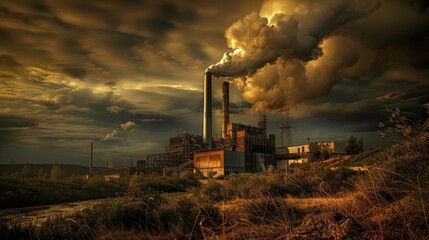 A brown coal power plant releasing emissions - obrazy, fototapety, plakaty
