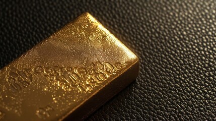 a pure gold bar ingot resting on a luxurious black leather surface