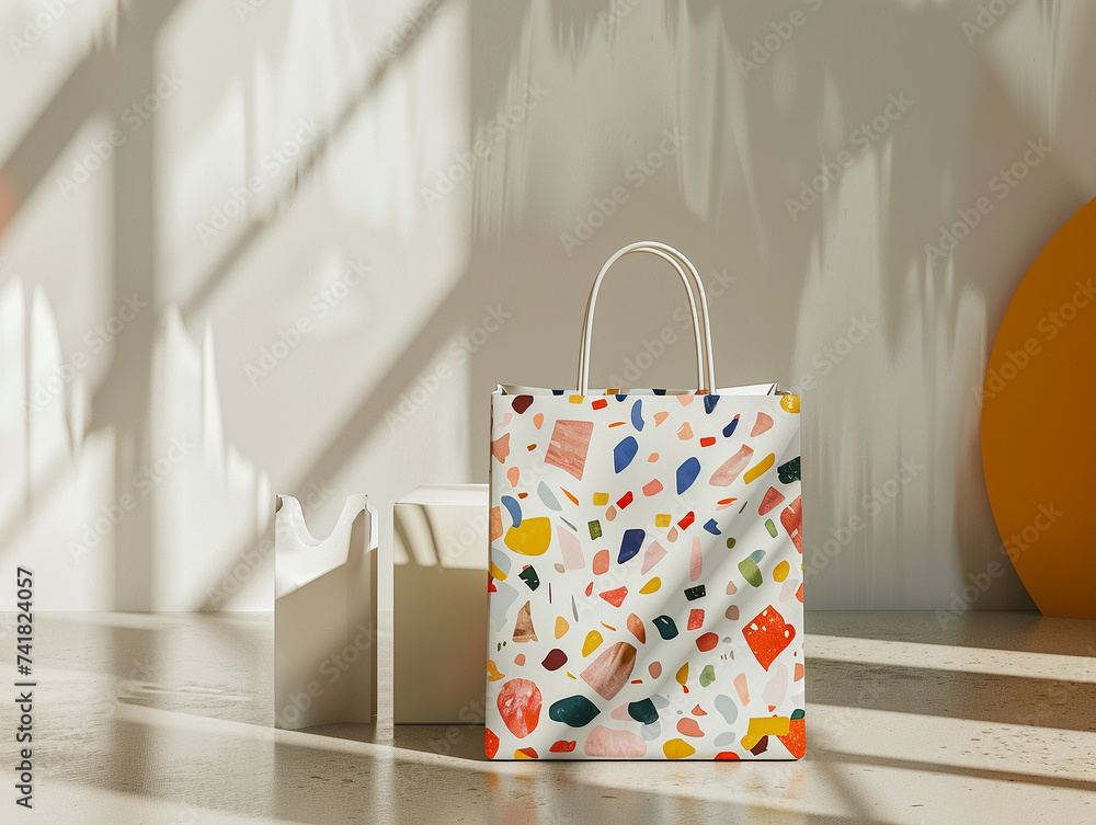 Poster 3d render of abstract terrazzo geometric patterns on a minimalist shopping bag
