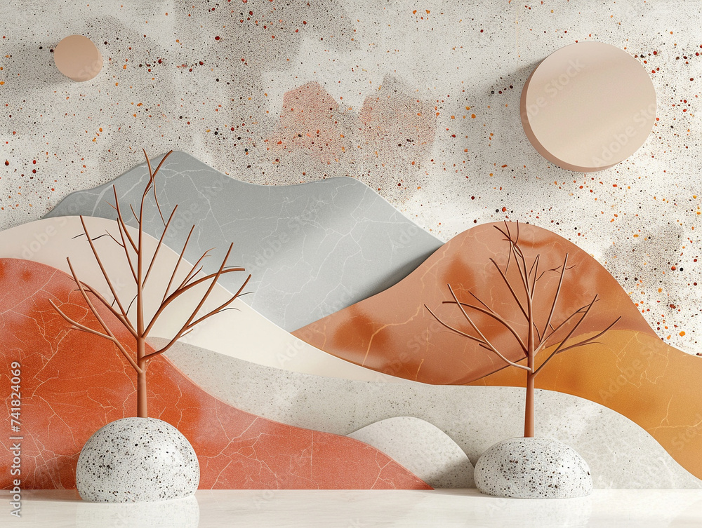 Poster 3d render of abstract terrazzo hills with geometric trees in a minimalist landscape