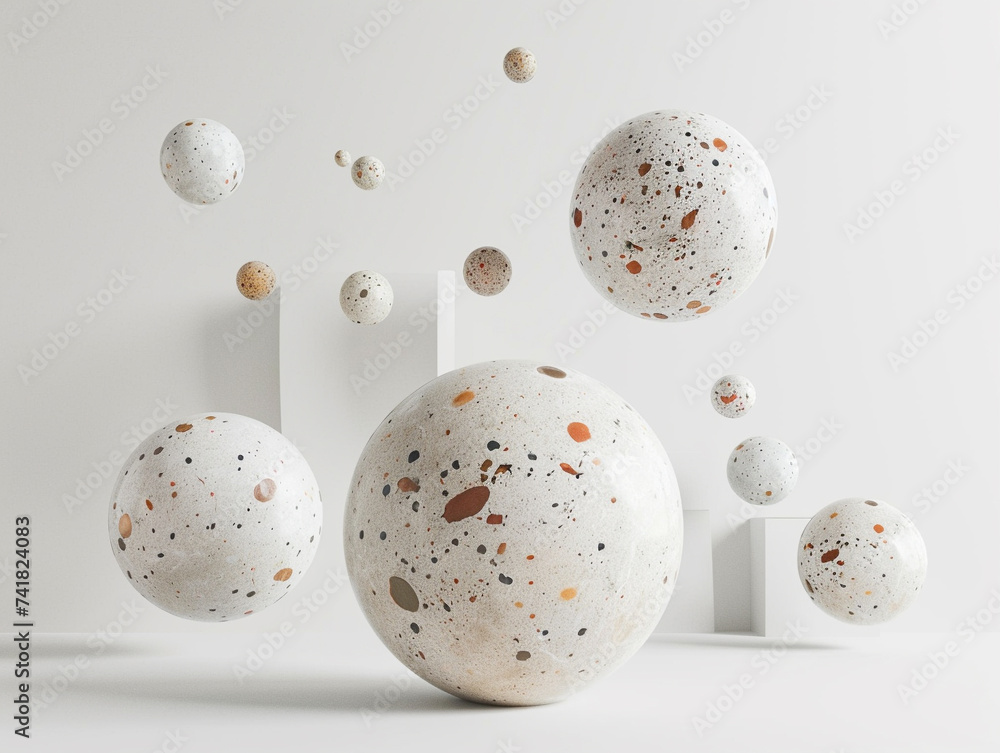 Poster 3d render of abstract terrazzo spheres floating in a minimalist white space