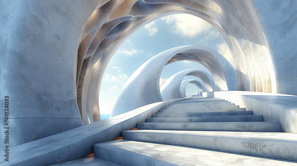 Poster 3d render of an abstract architectural structure of endless stairs and arches
