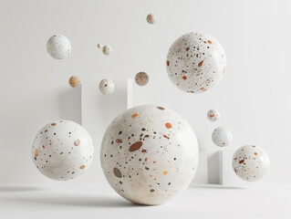 3d render of abstract terrazzo spheres floating in a minimalist white space