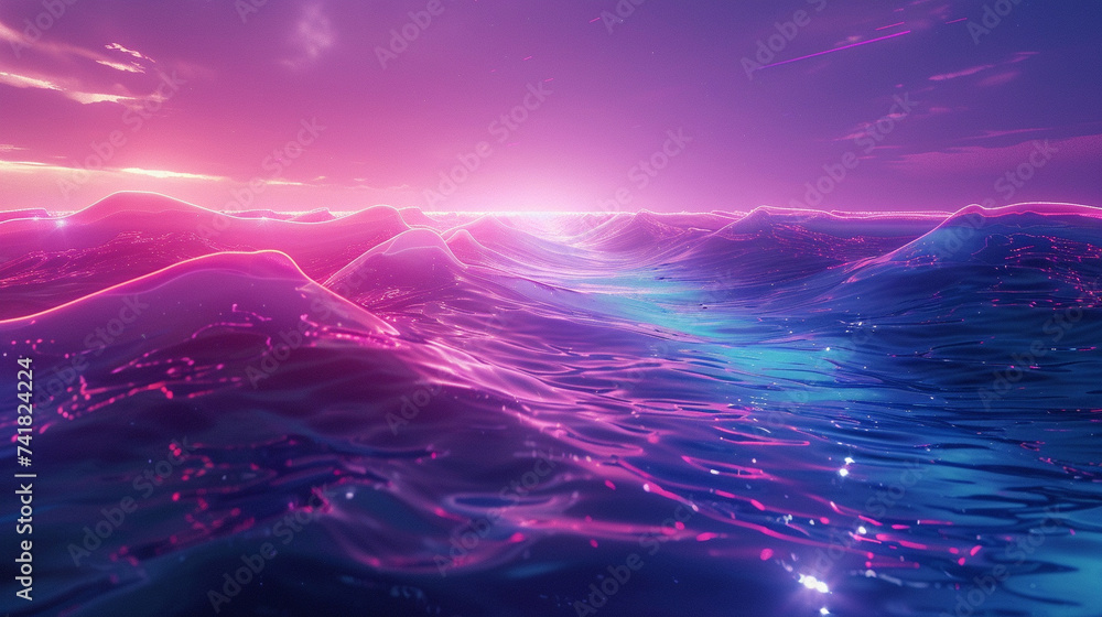 Poster 3d render of an endless geometric ocean with waves of luminous digital lines