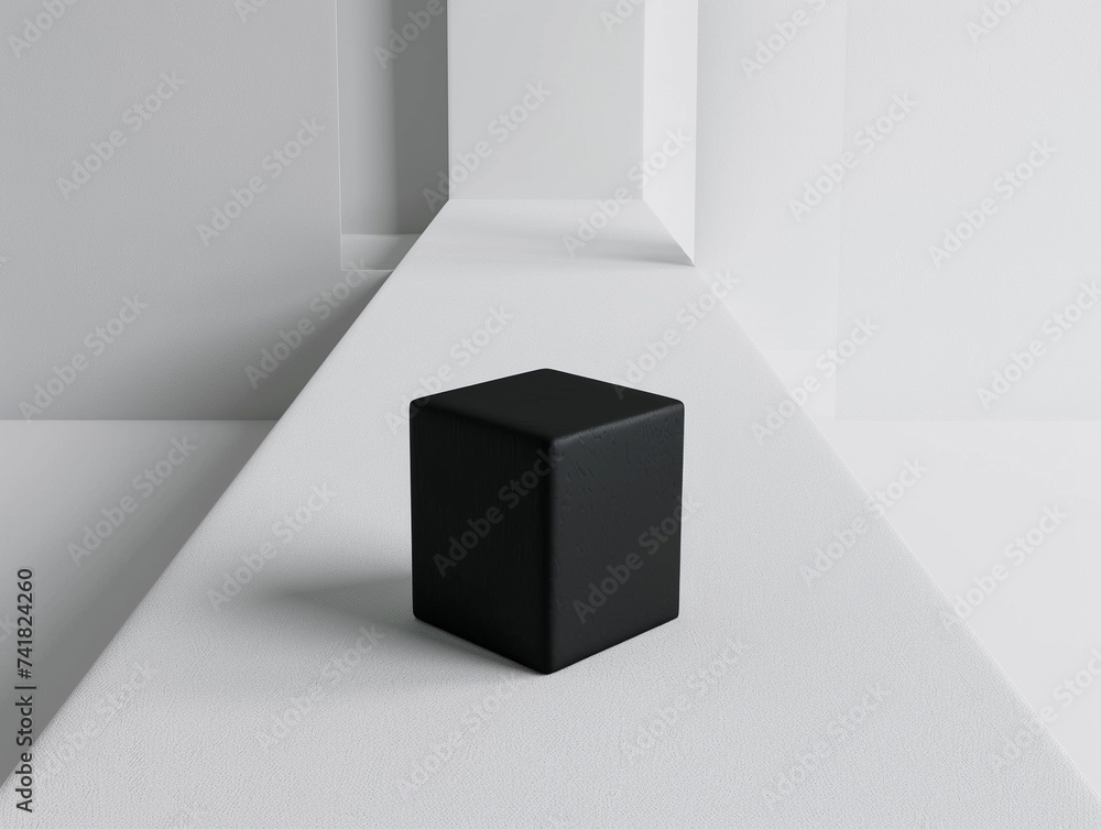 Poster 3d render of an endless smooth white plane with a single black cube