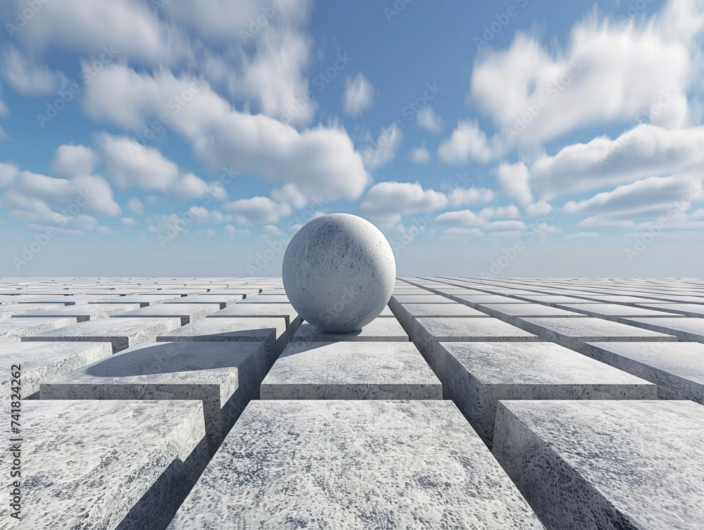 Poster 3d render of an endless geometric plain with a single perfect sphere