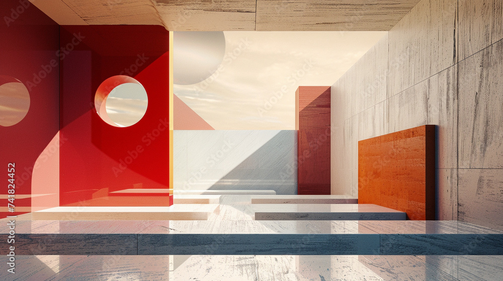 Poster 3d render of bold minimalist geometric shapes floating in an abstract space
