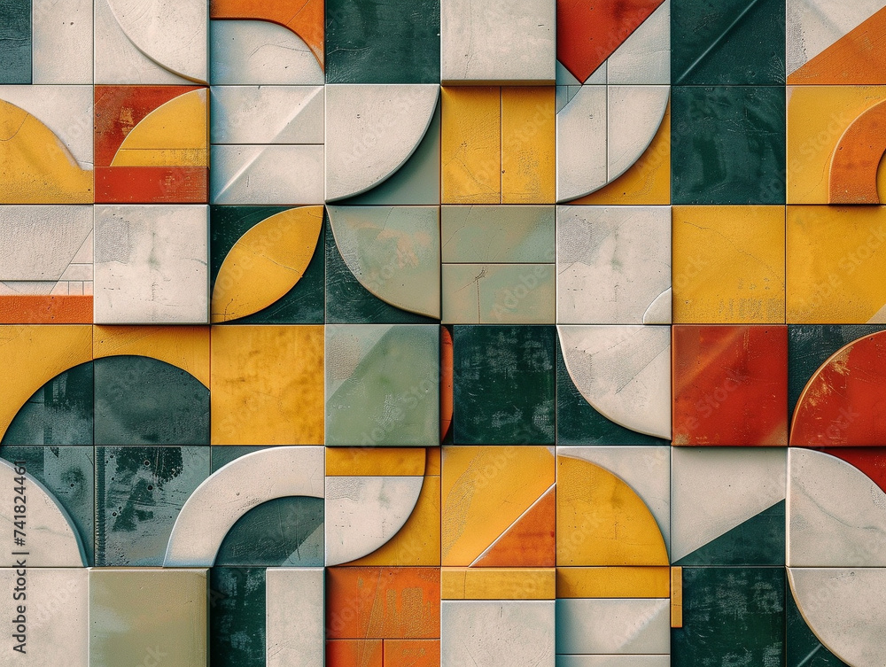 Poster 3d render of bold geometric shapes creating a minimalist abstract mosaic