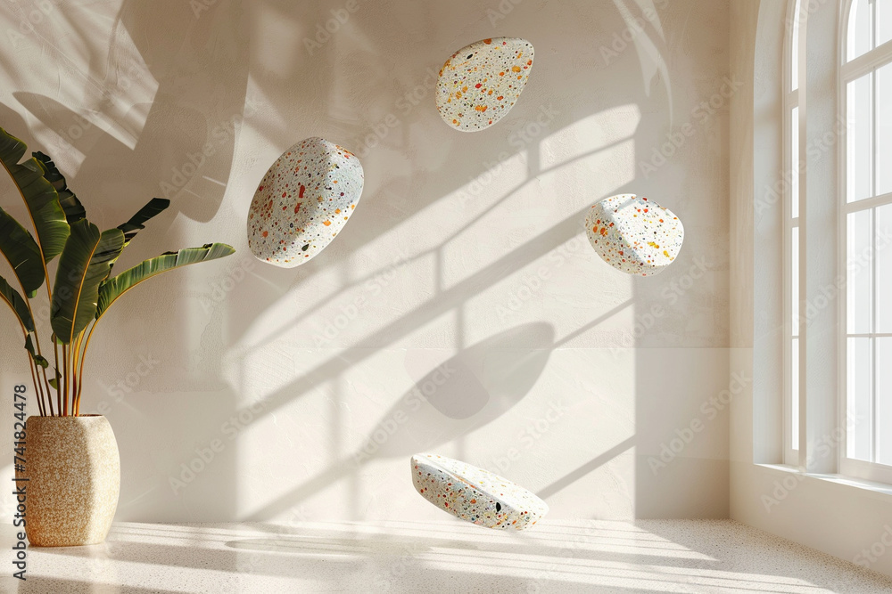 Poster 3d render of floating geometric terrazzo figures casting shadows in a minimalist room