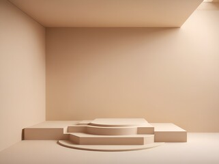 Podium, bright shades of beige background. product platform, demo studio

