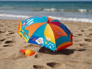 Fototapeta na wymiar children's beach umbrella lies on the beach on the sand