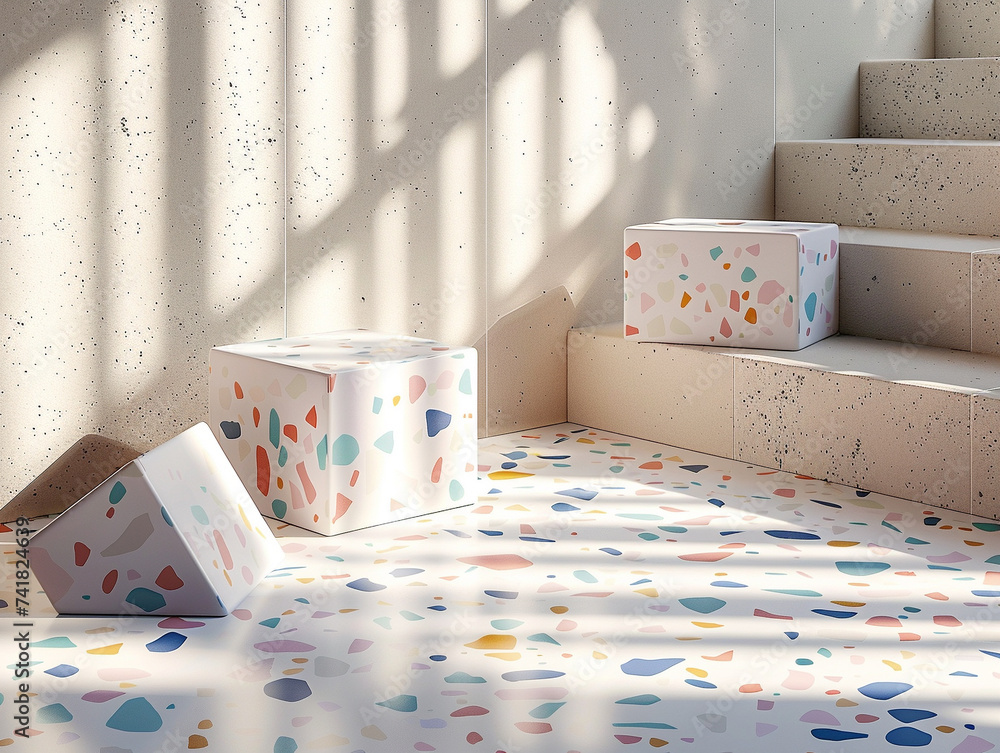 Poster 3d render of minimalist terrazzo tiles with embedded geometric designs