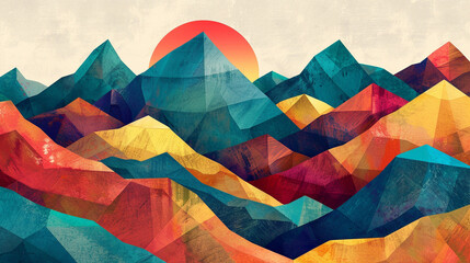 Abstract textured mountainscape with warm sunrise colors.