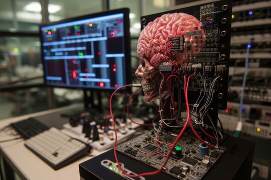 AI Brain Chip silicon on insulator. Artificial Intelligence server backup and recovery mind mental state axon. Semiconductor data processing automation circuit board simd processor
