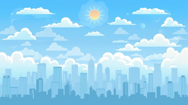 A simplistic yet captivating flat cityscape under a clear blue sky dotted with white clouds