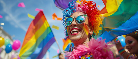 A vibrant and colorful drag queen smiling, holding a rainbow flag, with a wide view of the sky and fluttering flags - obrazy, fototapety, plakaty