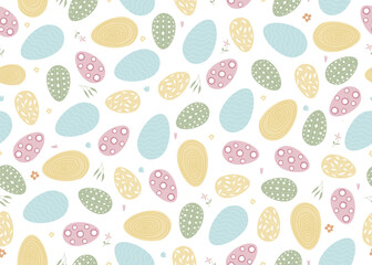 Seamless pattern for easter. Easter eggs, branches, flowers in pastel gentle colors. spring easter pattern for wrapping paper, textile, wallpaper. Happy easter holiday elements