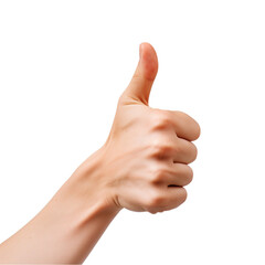 Human hand showing thumb up sign, isolated on transparent background.